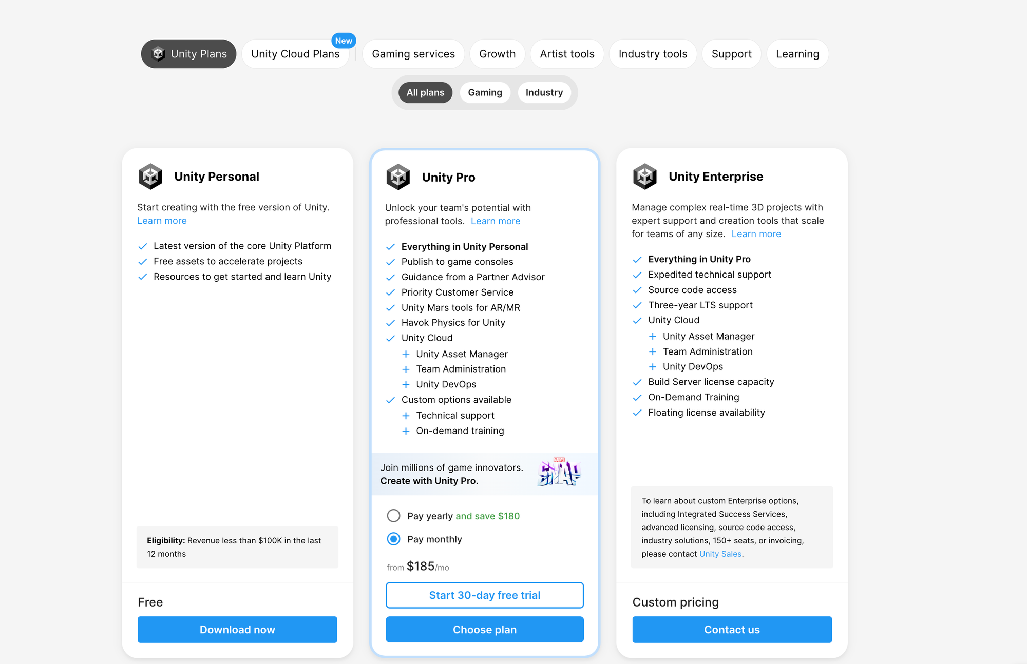 Unity's Pricing Page