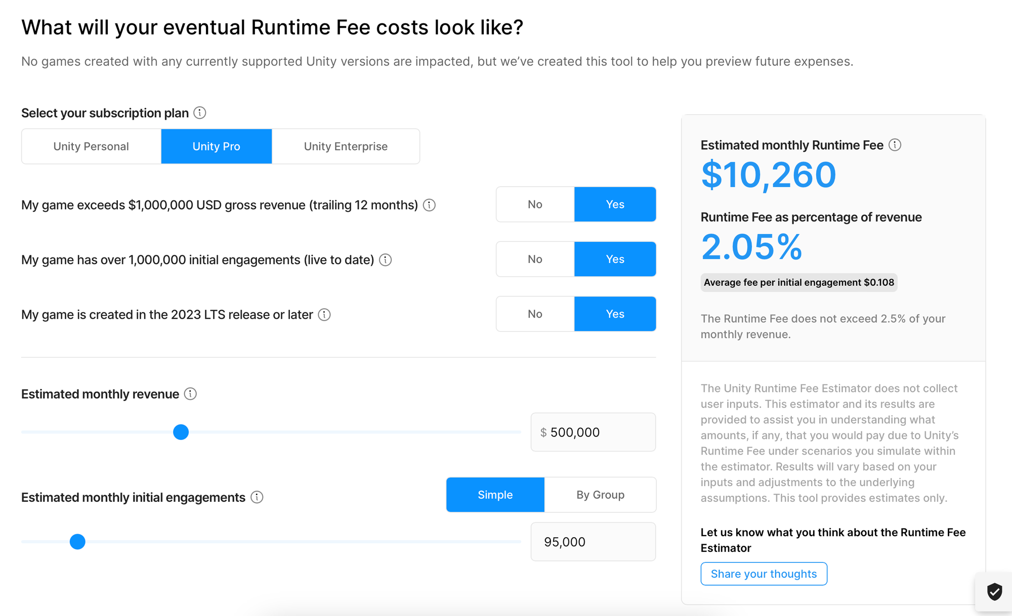Unity Runtime Fee Calculator